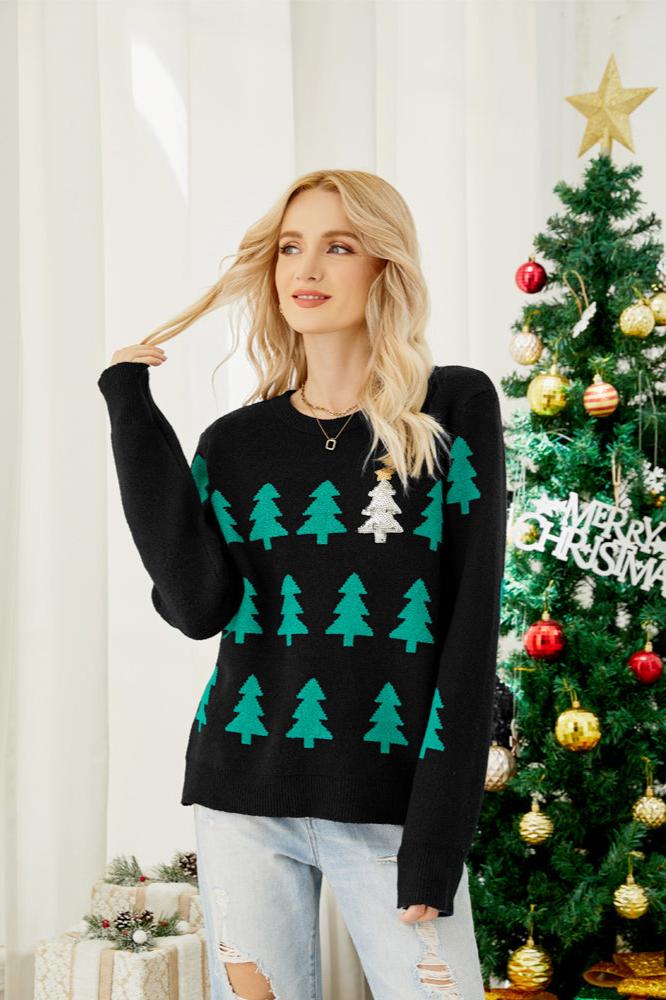 Strickpullover mit funkelndem Pailletten-Weihnachtsbaum