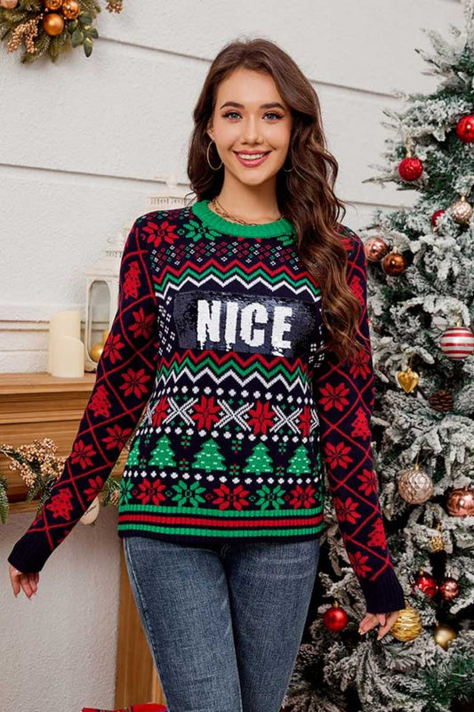 Mit Pailletten bestickter Weihnachts-Jacquard-Strickpullover