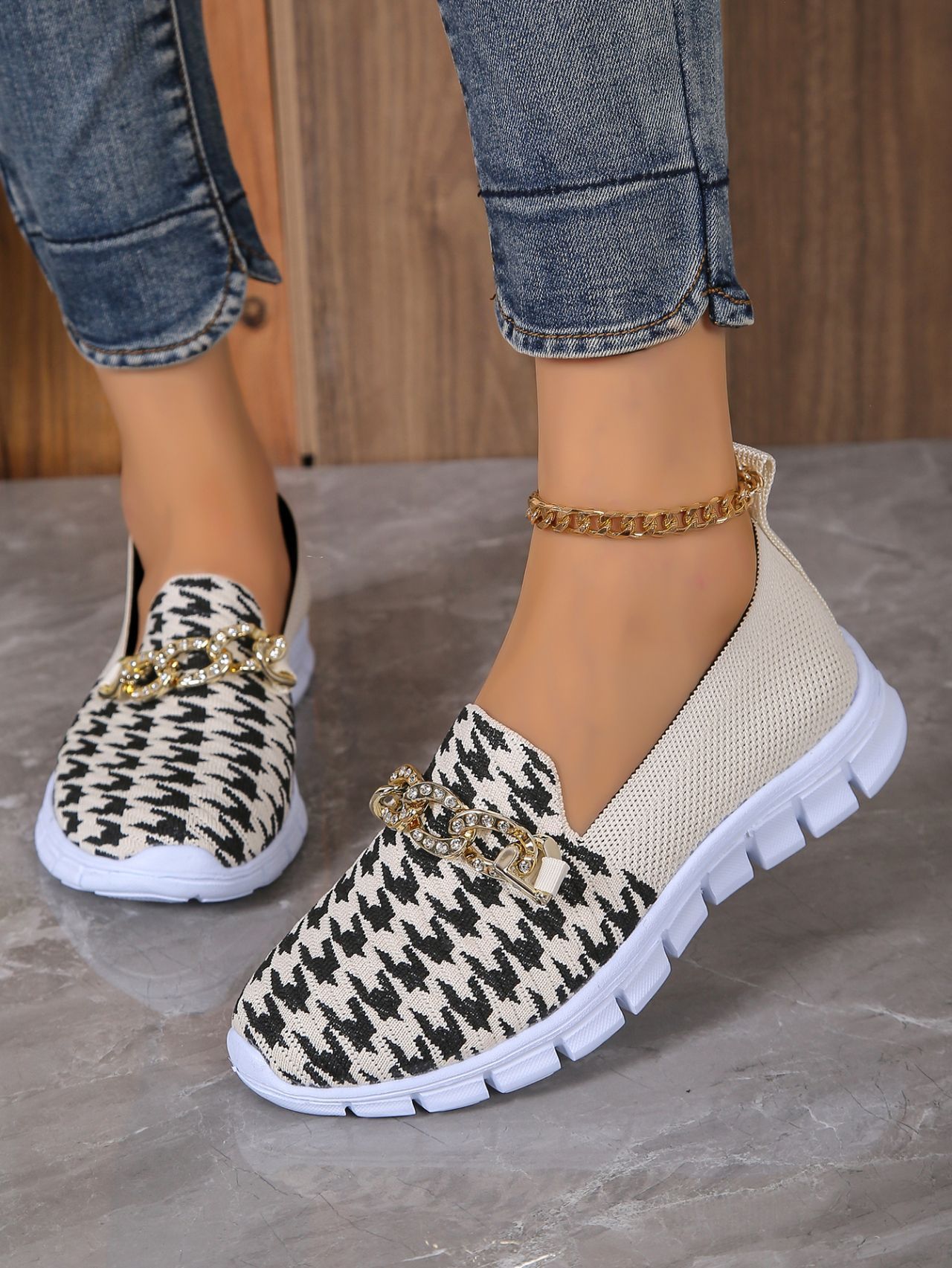 Stuttgart | Mode Hahnentritt Print Kette Mesh Schuhe