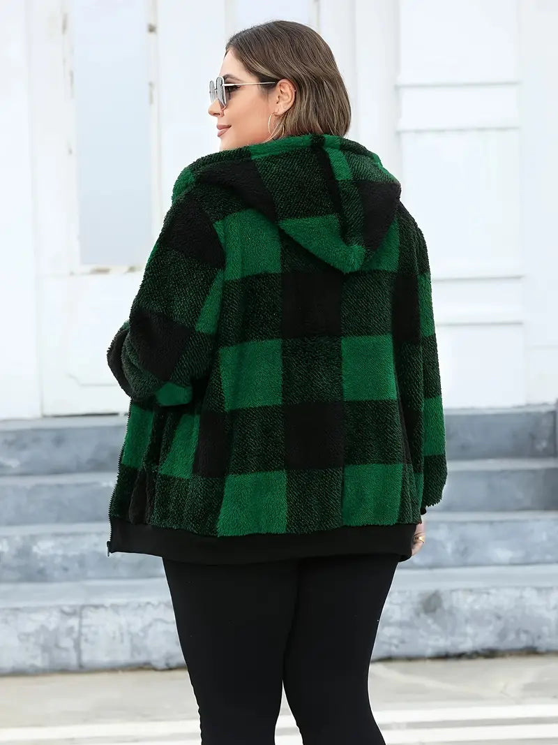 Yunia | Plaid Hooded Fuzzy Coat, Casual Zip Up Langarm Tasche Oberbekleidung