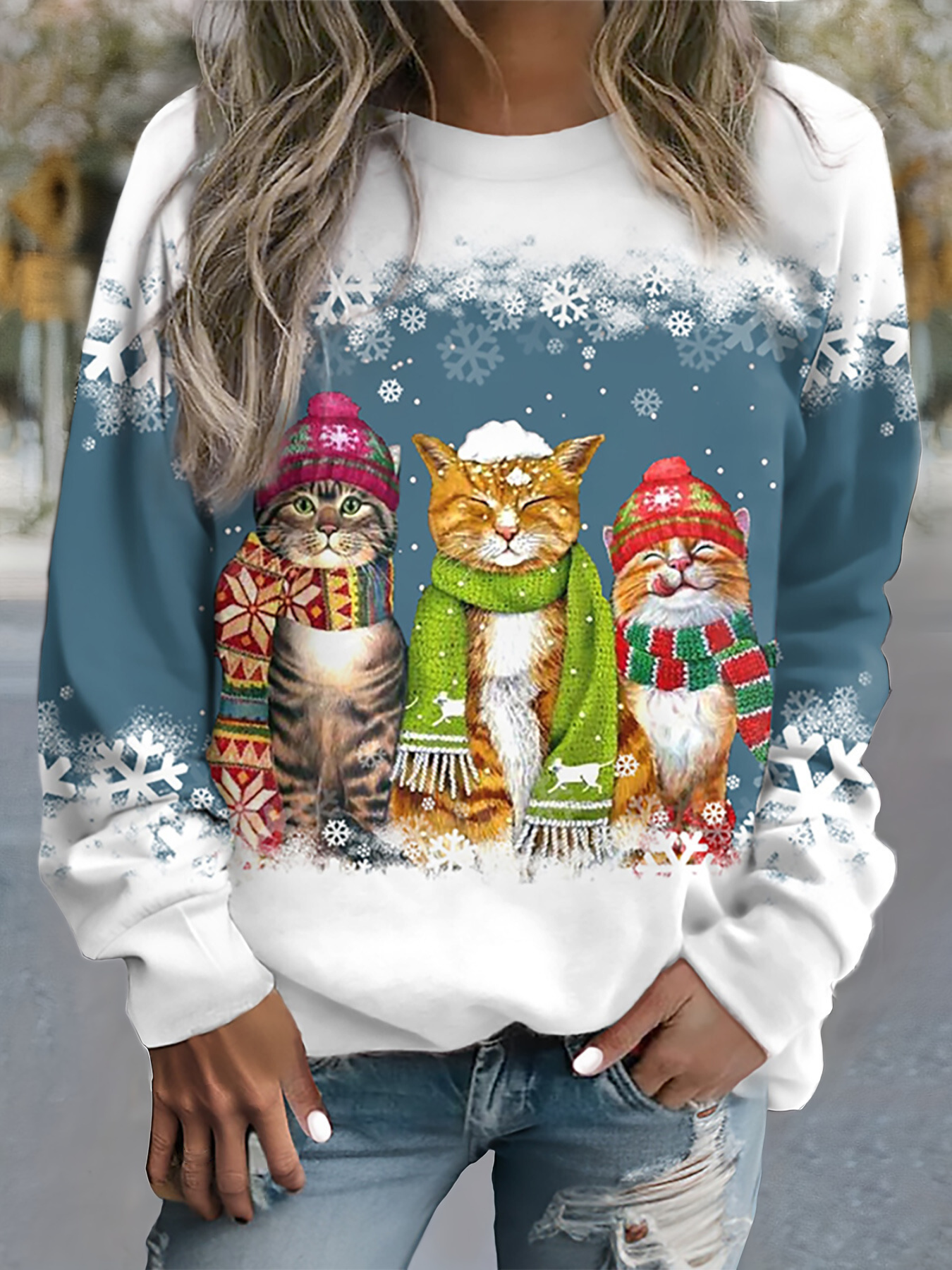 Kamilla™ - Pullover mit Schneekatzen-Print