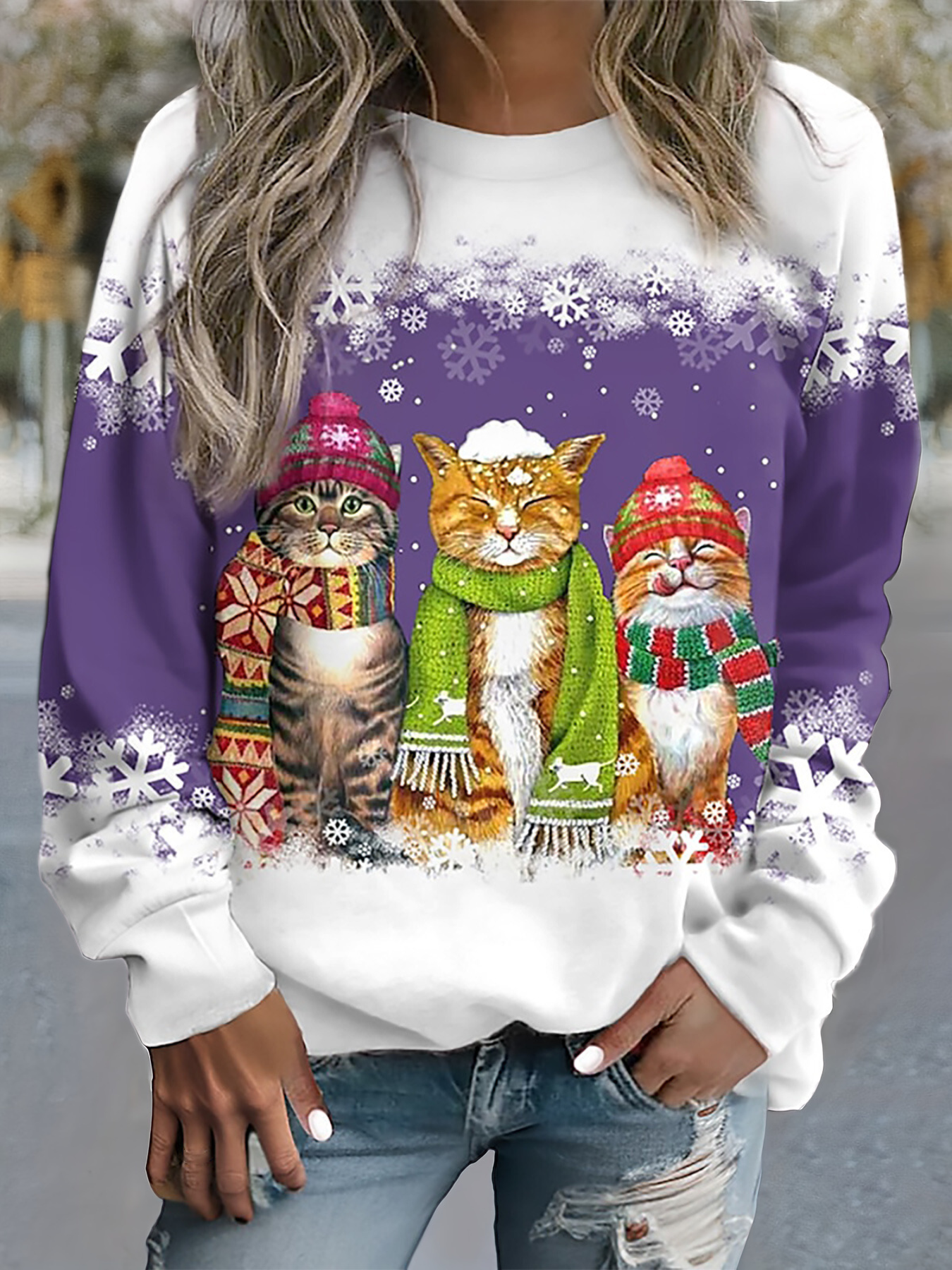 Kamilla™ - Pullover mit Schneekatzen-Print