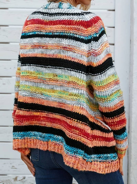 Zoe – strickjacke mit regenbogenstreifen und offener vorderseite