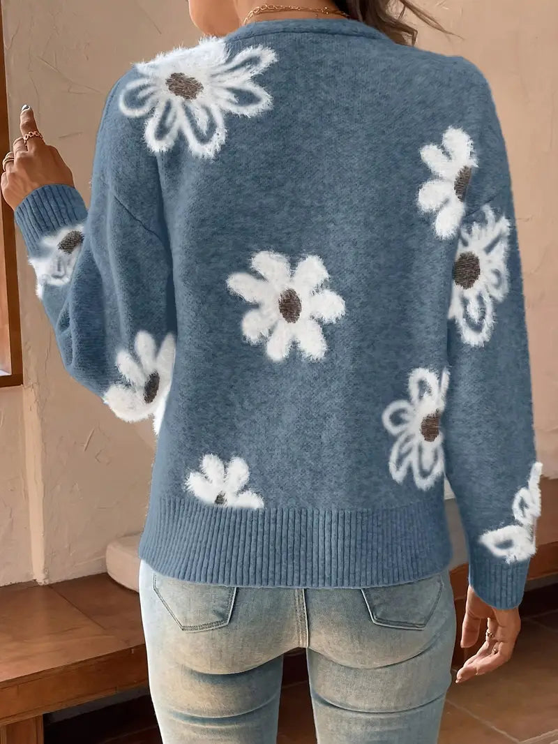 Dustine | Langärmelige Strickjacke mit V-Ausschnitt und Knopfleiste mit Blumenmuster