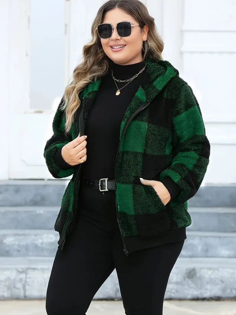 Yunia | Plaid Hooded Fuzzy Coat, Casual Zip Up Langarm Tasche Oberbekleidung