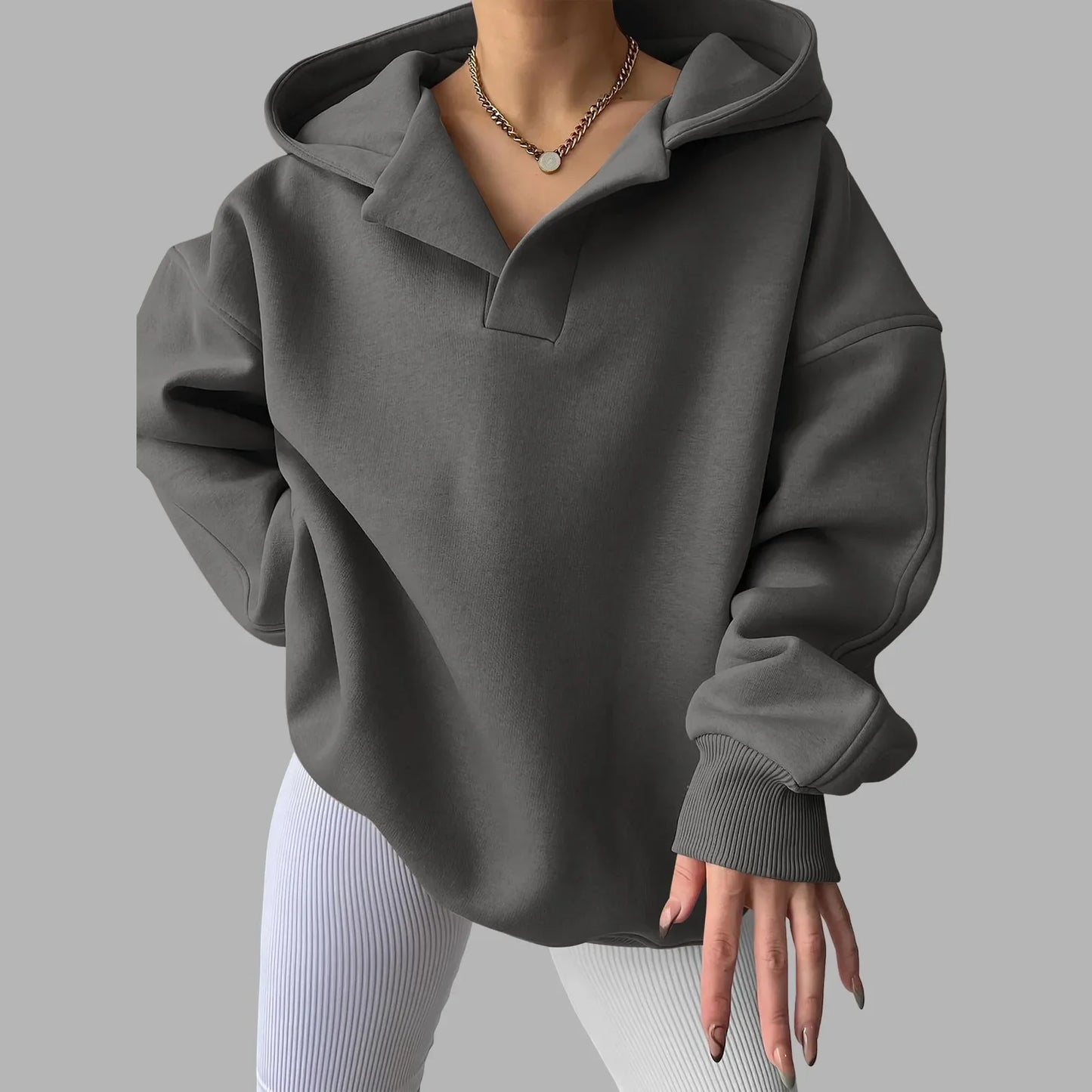 Marites | Damen Oversize Hoodie mit V-Ausschnitt und Tasche gefüttert