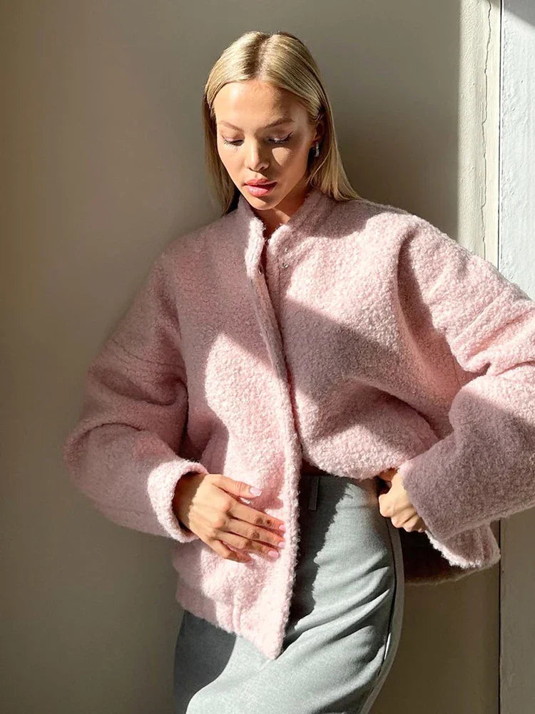 Arvid | Lässige Rosa Pelzjacke mit Stehkragen für Damen