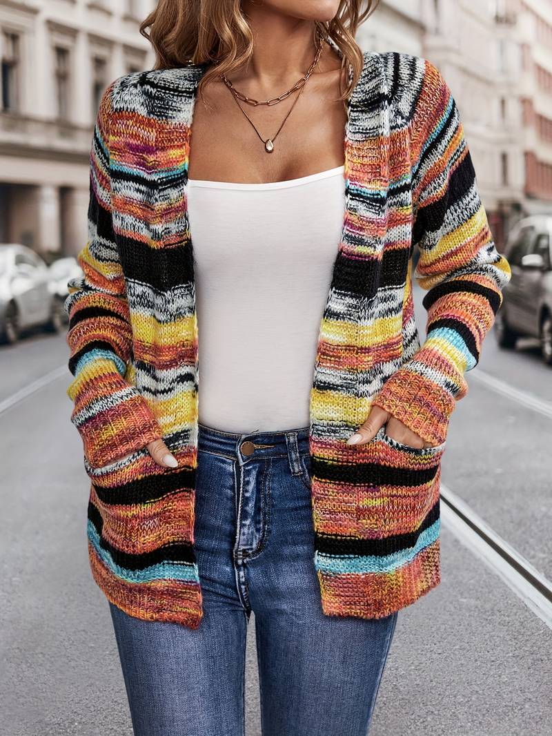 Zoe – strickjacke mit regenbogenstreifen und offener vorderseite