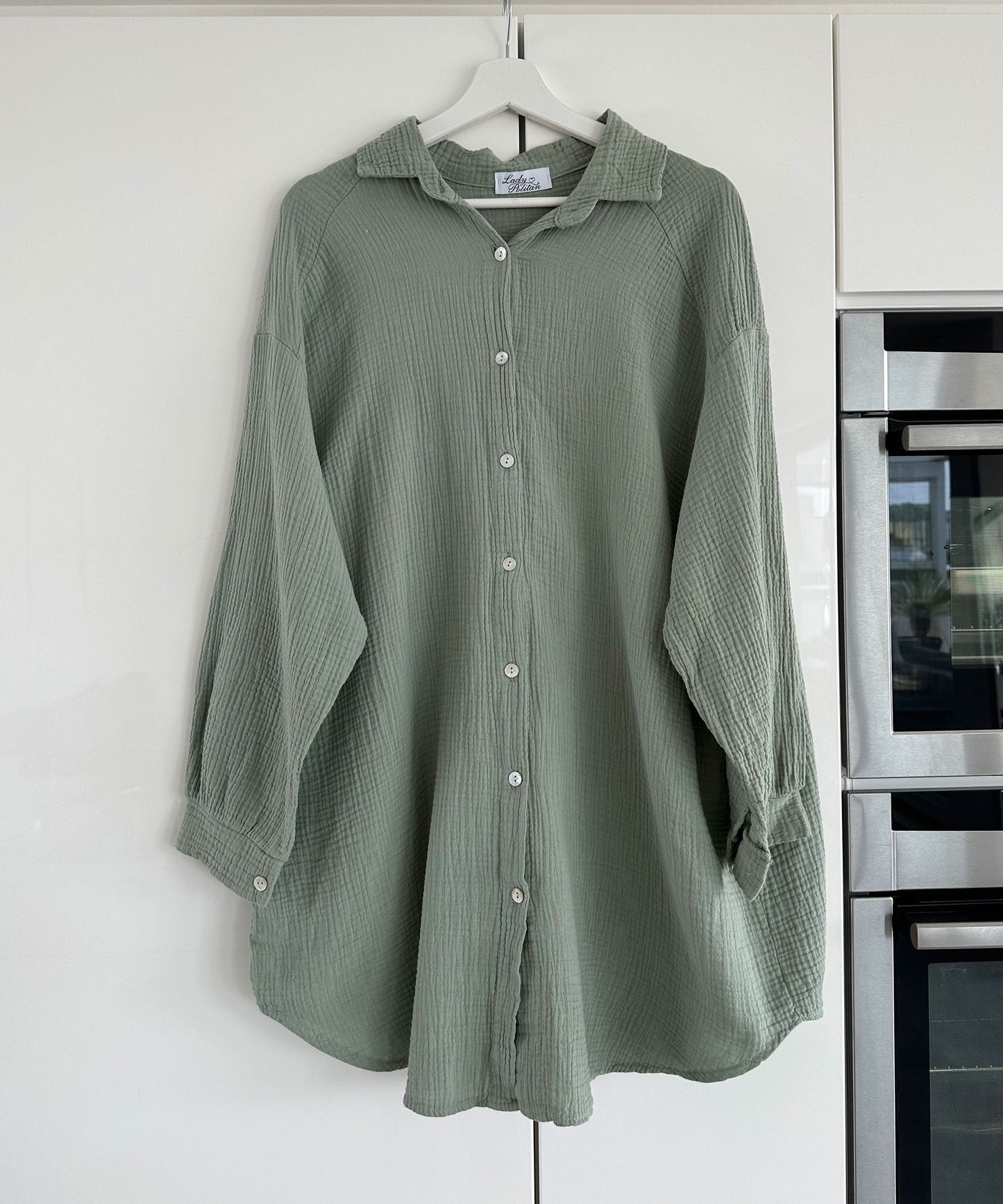 Oversize Musselin Bluse Glitzer Auge Khaki