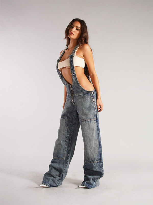 Damen Neue lockere, lässige Jeans-Overalls mit weitem Bein und Taschen