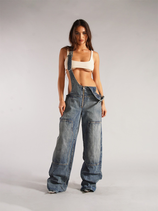 Damen Neue lockere, lässige Jeans-Overalls mit weitem Bein und Taschen