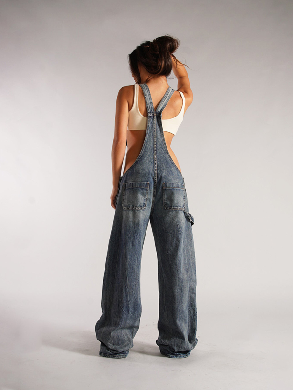 Damen Neue lockere, lässige Jeans-Overalls mit weitem Bein und Taschen