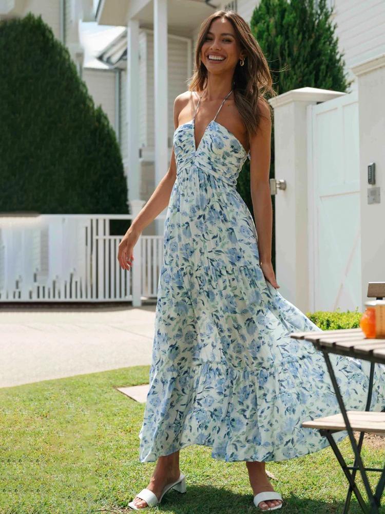 Sue – Neckholder-Maxi-Sommerkleid mit Blumendruck