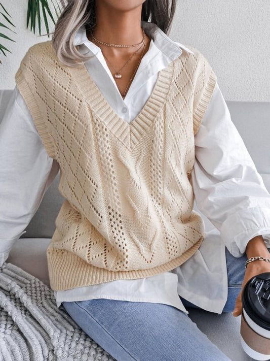 Damen-Strickpullover mit ausgehöhltem frittiertem Teig und V-Ausschnitt