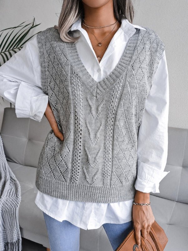 Damen-Strickpullover mit ausgehöhltem frittiertem Teig und V-Ausschnitt