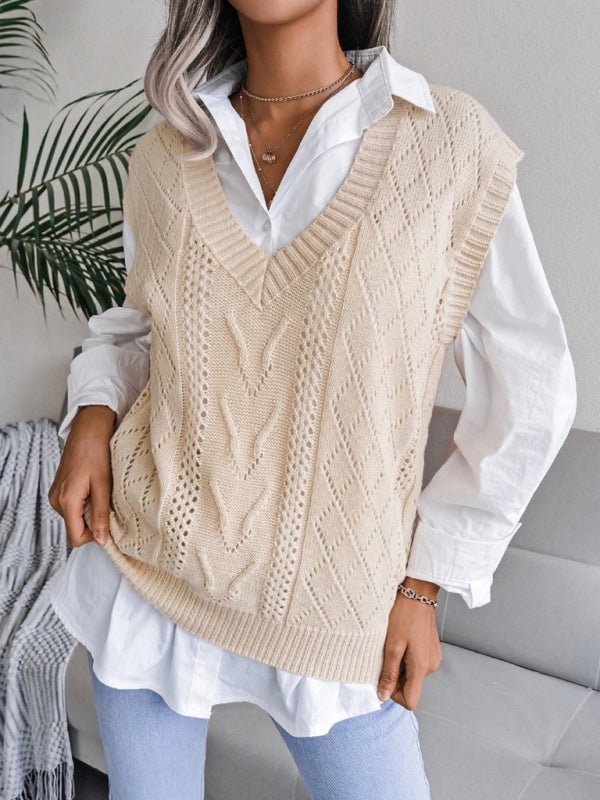 Damen-Strickpullover mit ausgehöhltem frittiertem Teig und V-Ausschnitt