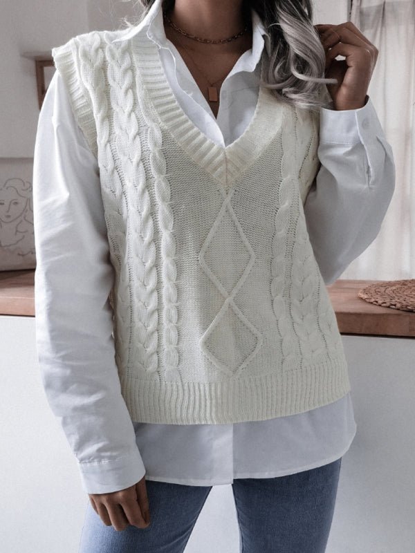 Lässiger, locker gestrickter Weste-Pullover für Damen mit V-Ausschnitt und frittiertem Teig