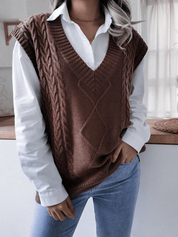 Lässiger, locker gestrickter Weste-Pullover für Damen mit V-Ausschnitt und frittiertem Teig