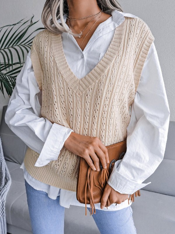 Damen-Pullover mit V-Ausschnitt, ausgehöhltem frittiertem Teig, lässiger Strickweste