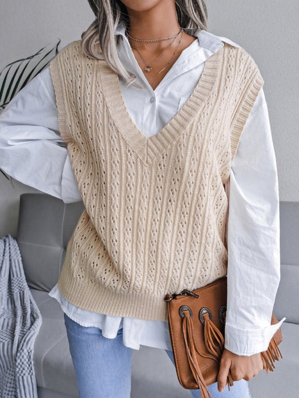 Damen-Pullover mit V-Ausschnitt, ausgehöhltem frittiertem Teig, lässiger Strickweste