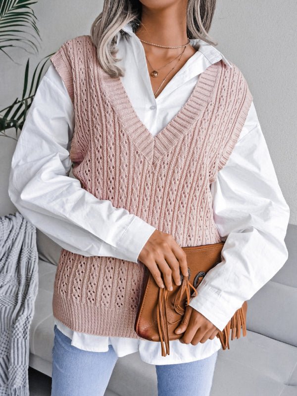 Damen-Pullover mit V-Ausschnitt, ausgehöhltem frittiertem Teig, lässiger Strickweste