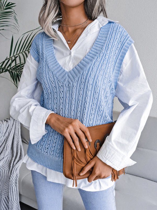 Damen-Pullover mit V-Ausschnitt, ausgehöhltem frittiertem Teig, lässiger Strickweste