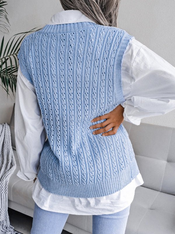 Damen-Pullover mit V-Ausschnitt, ausgehöhltem frittiertem Teig, lässiger Strickweste