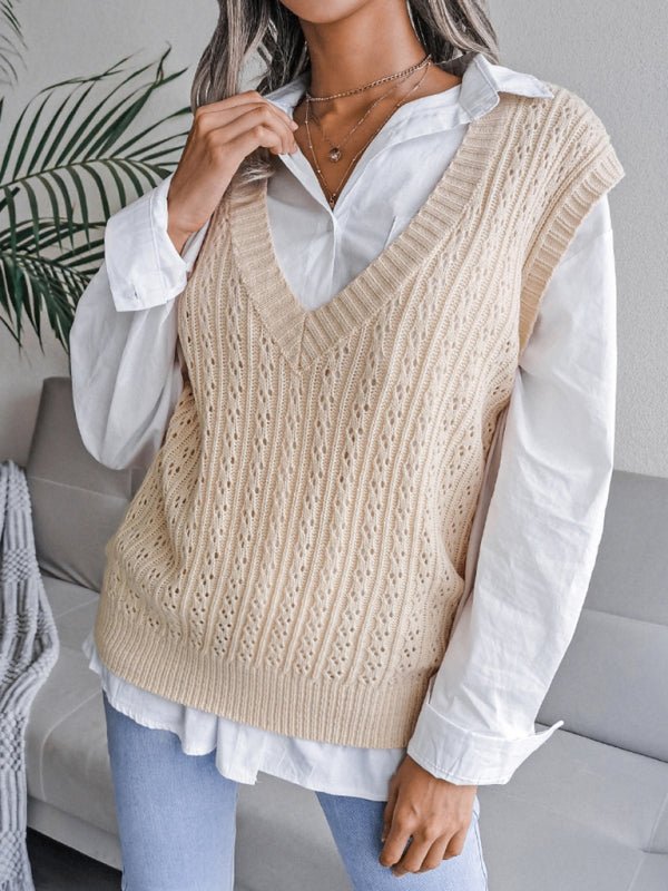 Damen-Pullover mit V-Ausschnitt, ausgehöhltem frittiertem Teig, lässiger Strickweste