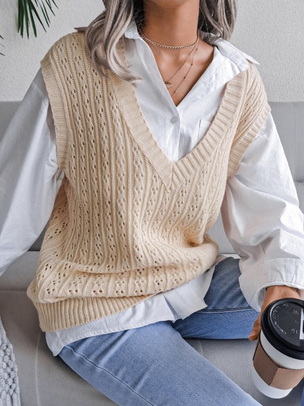 Damen-Pullover mit V-Ausschnitt, ausgehöhltem frittiertem Teig, lässiger Strickweste