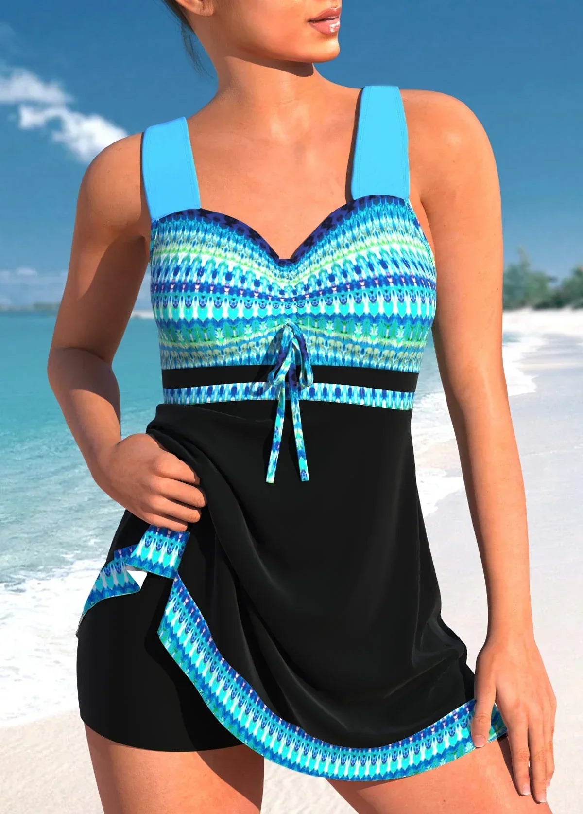 Bella blauer, schmaler, leichter Patchwork-Tankini